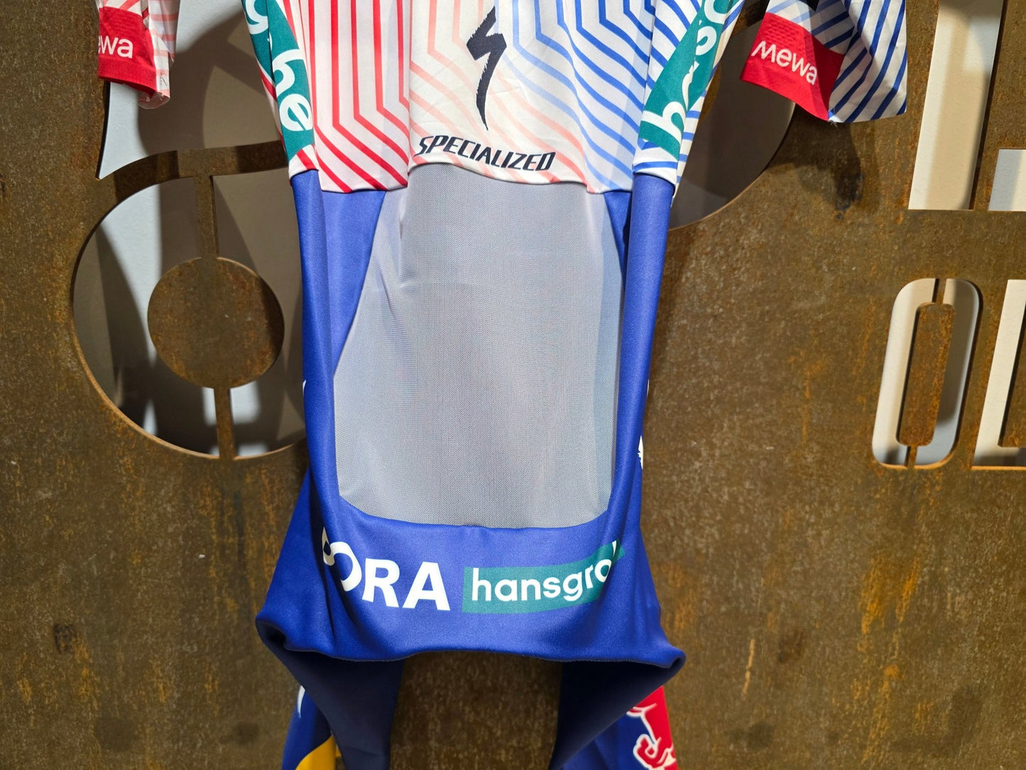 Anzug - BOH von Specialized, SPECIALIZED RED BULL - BORA HANSGROHE AERO SKIN SUIT SS / EINTEILER vor USEDBIKES - OB.DE Hintergrund
