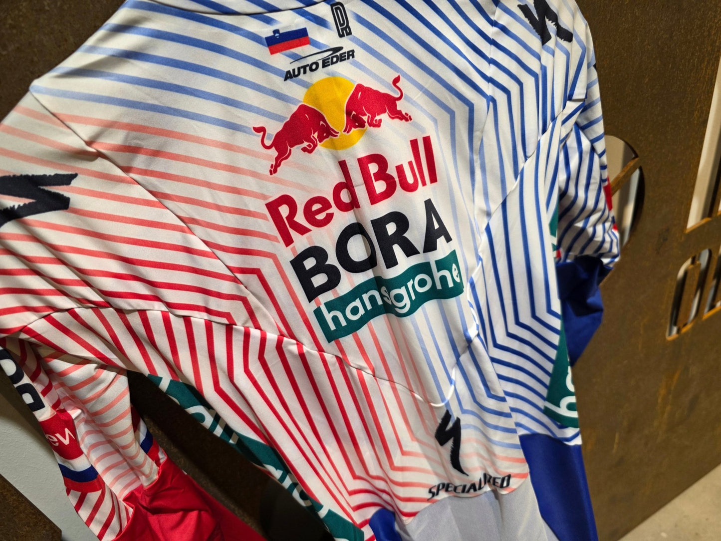 Anzug - BOH von Specialized, SPECIALIZED RED BULL - BORA HANSGROHE AERO SKIN SUIT TDF / ROGLIC vor USEDBIKES - OB.DE Hintergrund