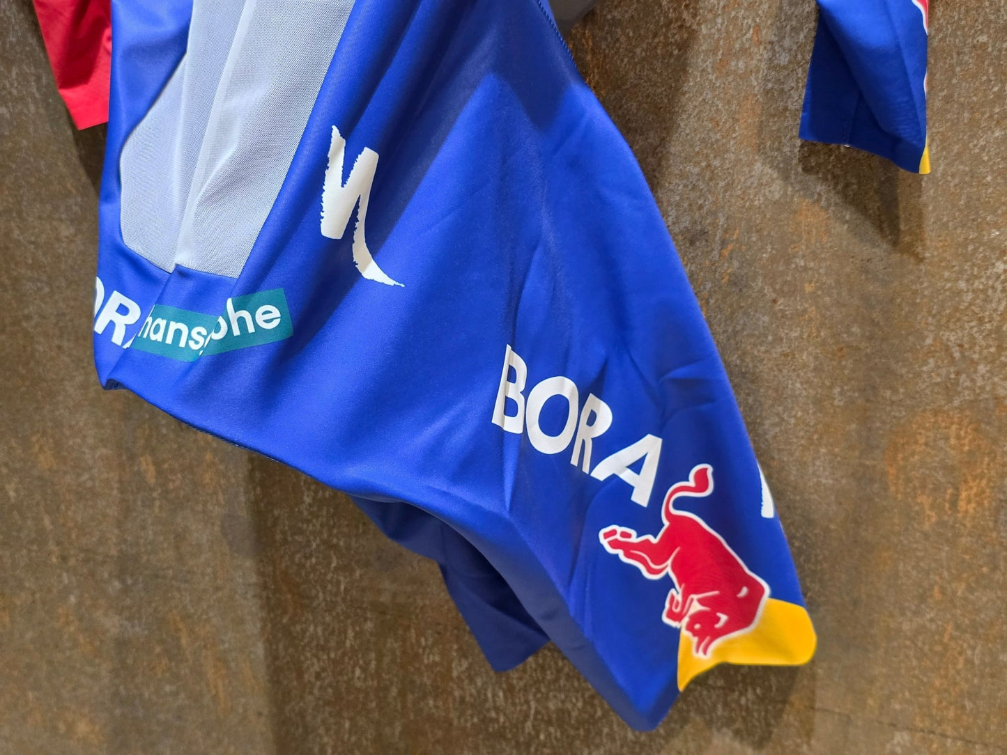 Anzug - BOH von Specialized, SPECIALIZED RED BULL - BORA HANSGROHE AERO SKIN SUIT TDF / ROGLIC vor USEDBIKES - OB.DE Hintergrund