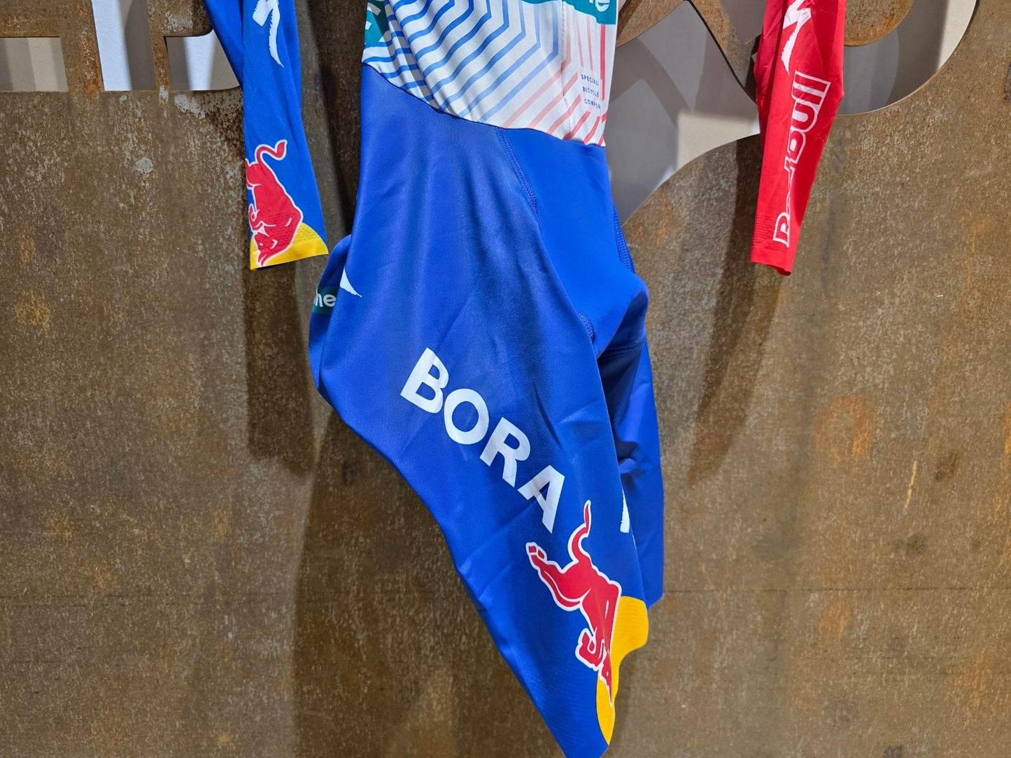 Anzug - BOH von Specialized, SPECIALIZED RED BULL - BORA HANSGROHE AERO SKIN SUIT TDF / ROGLIC vor USEDBIKES - OB.DE Hintergrund