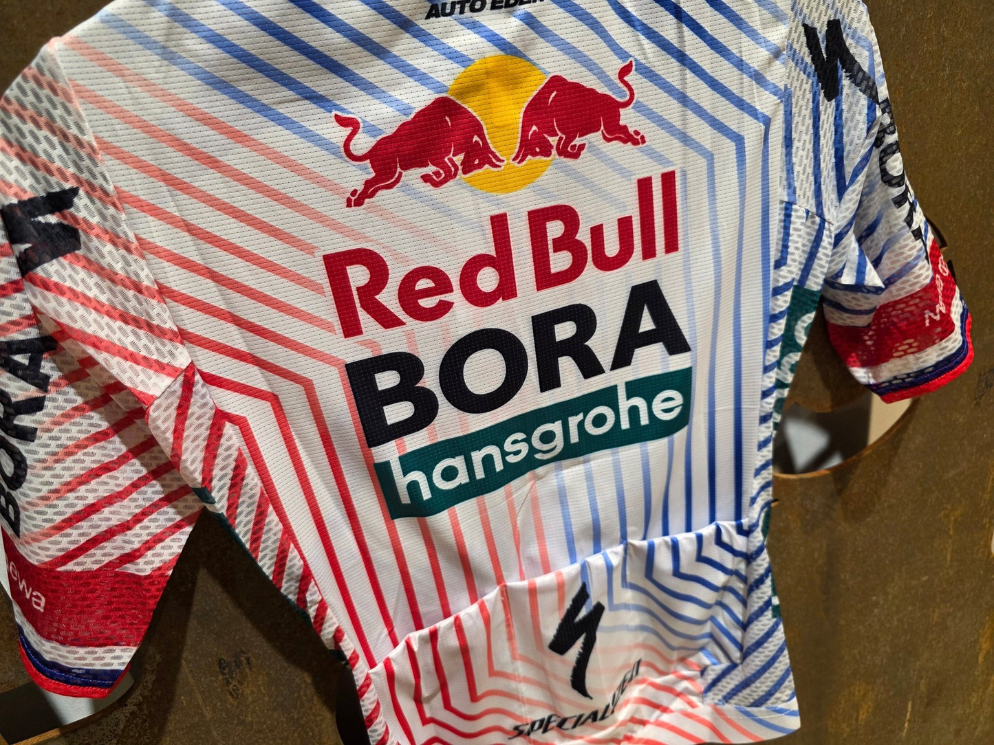 Kurzarm Trikot - BOH von Specialized, SPECIALIZED RED BULL - BORA HANSGROHE LIGHTWEIGHT JERSEY SS TDF / ROGLIC vor USEDBIKES - OB.DE Hintergrund