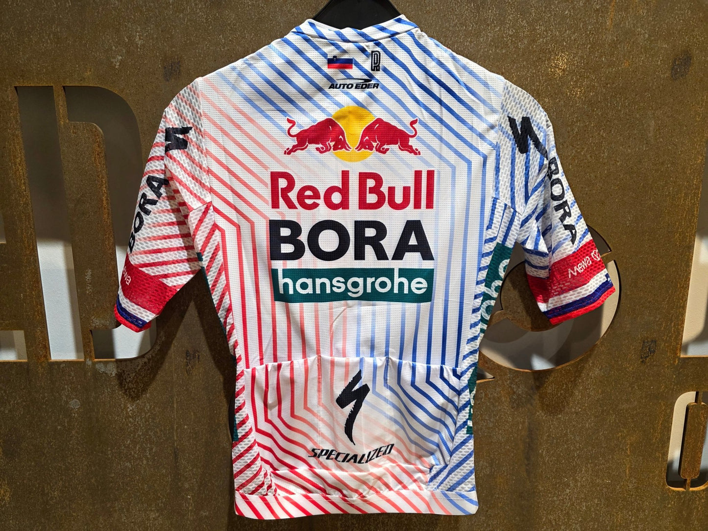 Kurzarm Trikot - BOH von Specialized, SPECIALIZED RED BULL - BORA HANSGROHE LIGHTWEIGHT JERSEY SS TDF / ROGLIC vor USEDBIKES - OB.DE Hintergrund