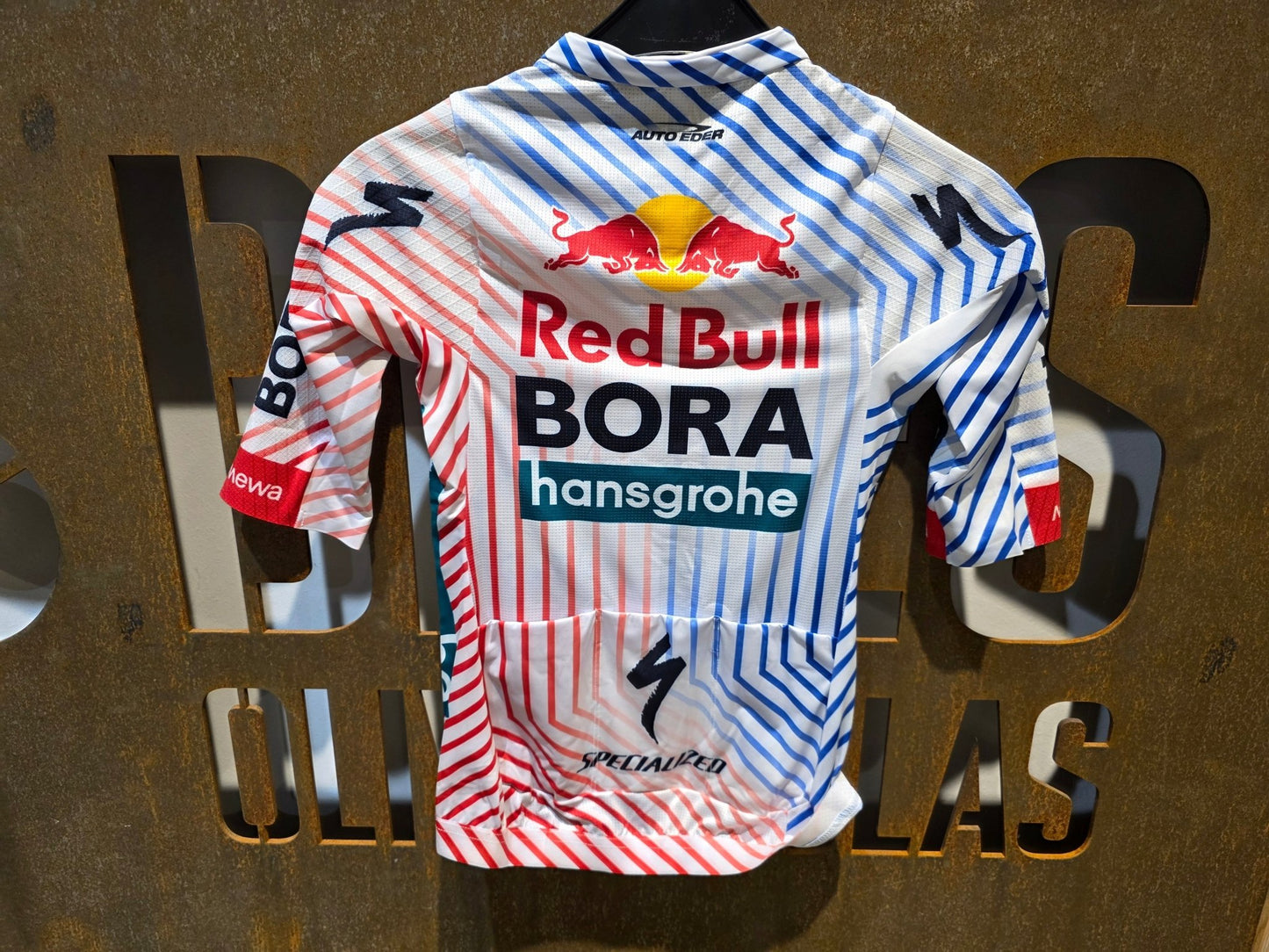 Kurzarm Trikot - BOH von Specialized, SPECIALIZED RED BULL - BORA HANSGROHE RACE JERSEY SS TDF / KURZARM TRIKOT vor USEDBIKES - OB.DE Hintergrund