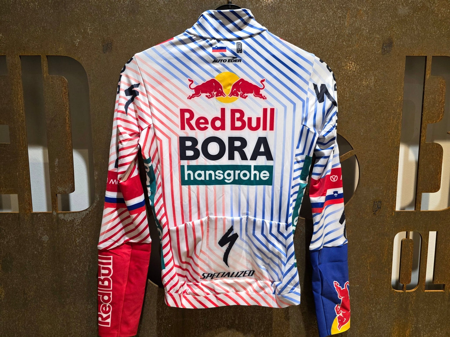 Langarm Trikot - BOH von Specialized, SPECIALIZED RED BULL - BORA HANSGROHE THERMAL JERSEY LS TDF / ROGLIC vor USEDBIKES - OB.DE Hintergrund