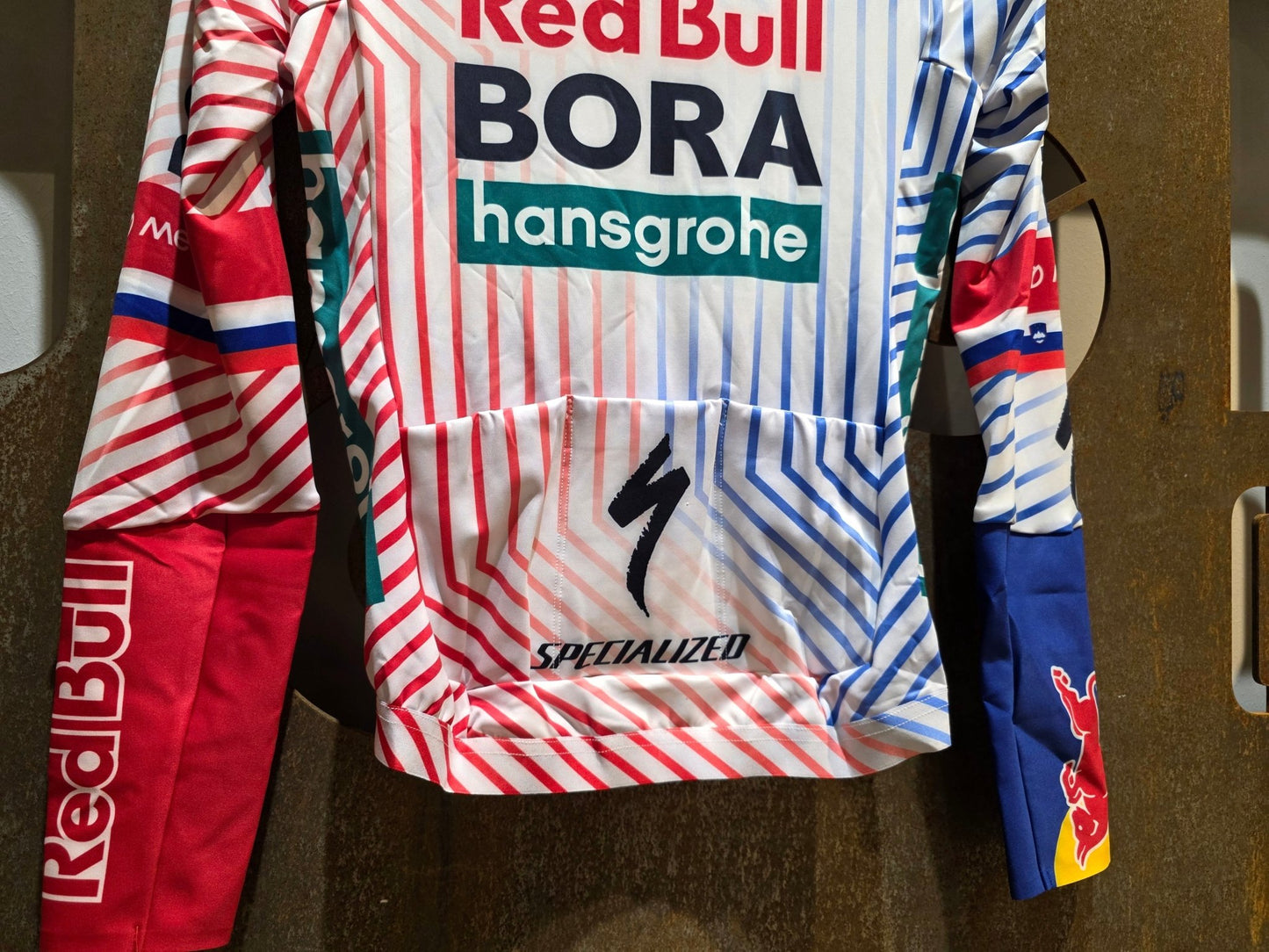 Langarm Trikot - BOH von Specialized, SPECIALIZED RED BULL - BORA HANSGROHE THERMAL JERSEY LS TDF / ROGLIC vor USEDBIKES - OB.DE Hintergrund