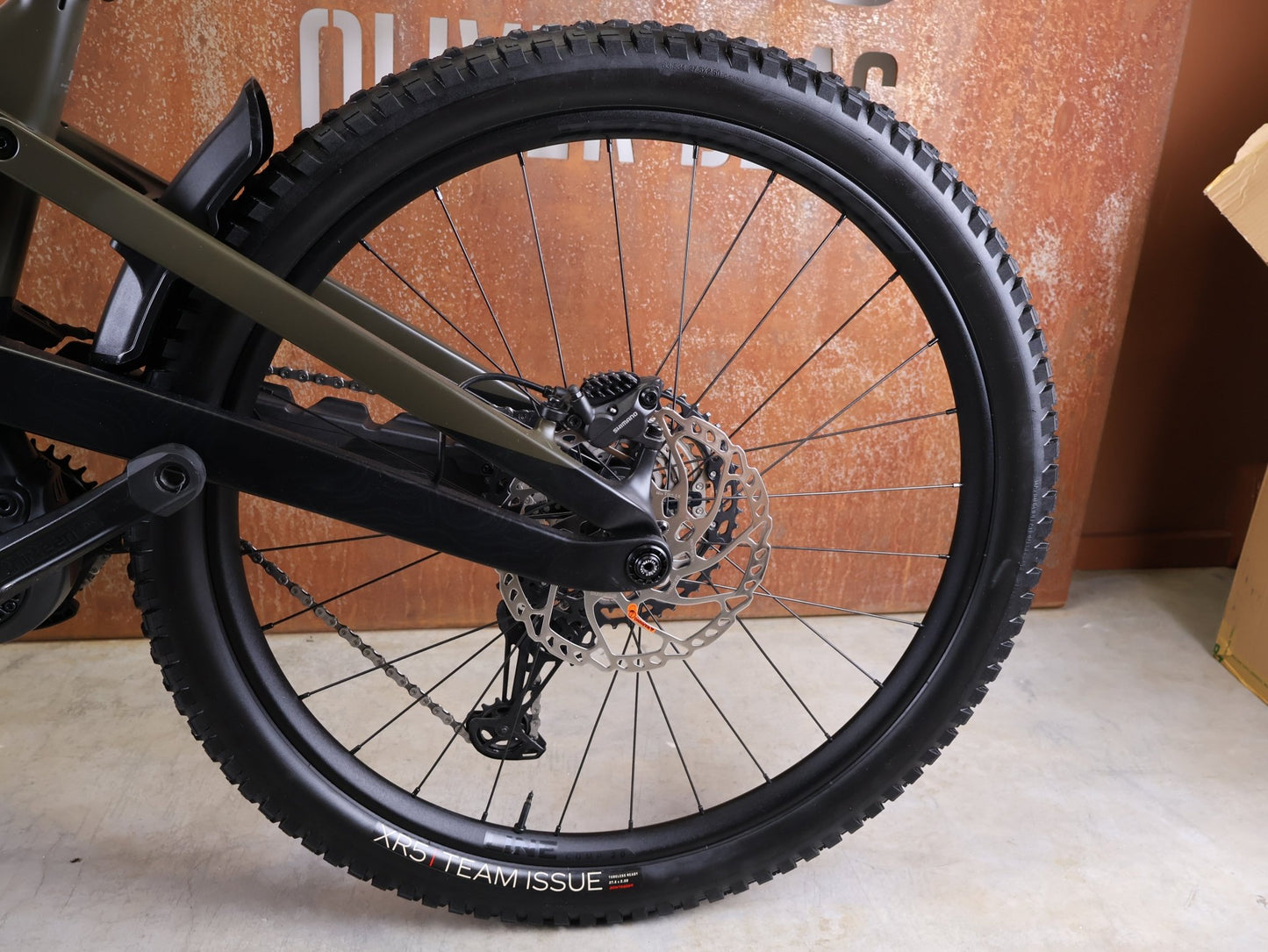 E - Mountainbike von Trek, TREK SLASH+ 9.7 SLX/XT / OLIVE DRAB / S vor USEDBIKES - OB.DE Hintergrund