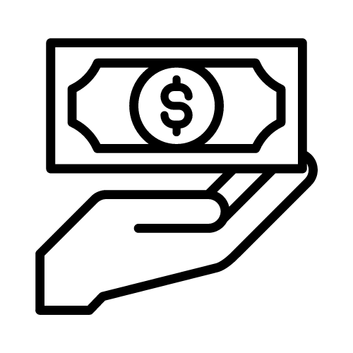 Hand welche in Handfläche einen Dollarschein hält in schwarz auf weißem Hintergrund