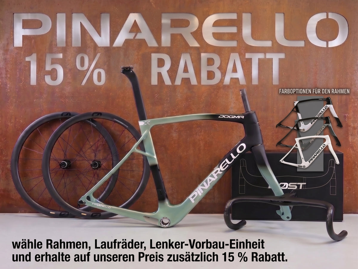 Pinarello Dogma X Frameset mit Most Laufrädern und Talon Ultra Light Lenker in verschiedenen Farboptionen.