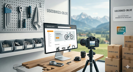 Werkstatt und Büro von USEDBIKES-OB.DE mit Schreibtisch und PC aus dem Fester sieht man im Hintergrund Berge 