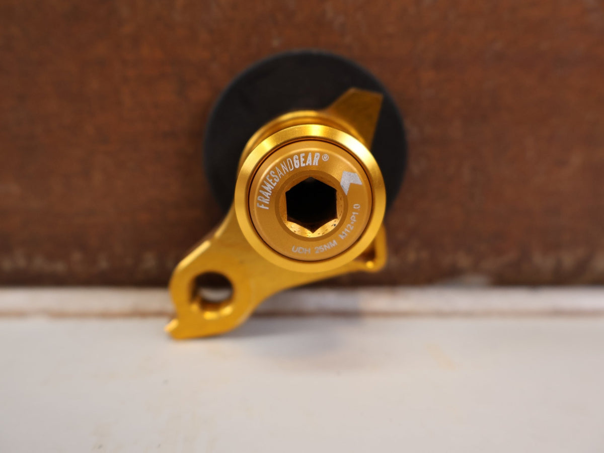Zubehör von Framesandgear, FRAMESANDGEAR DISC UDH SCHALTAUGE P1.0 GOLD SRAM 30G 30042-1-P1.0-GLD vor USEDBIKES-OB.DE Hintergrund