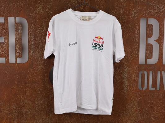 Freizeitbekleidung - BOH von Mewa, MEWA RED BULL - BORA PRO CYCLING TEAM STAFF T - SHIRT WEIß vor USEDBIKES - OB.DE Hintergrund