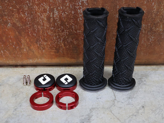 Griffe und Lenkerbänder von Odi, ODI X - TREME LOCK - ON GRIPS 130 MM BLACK / RED CLAMPS – D30XTB - R vor USEDBIKES - OB.DE Hintergrund