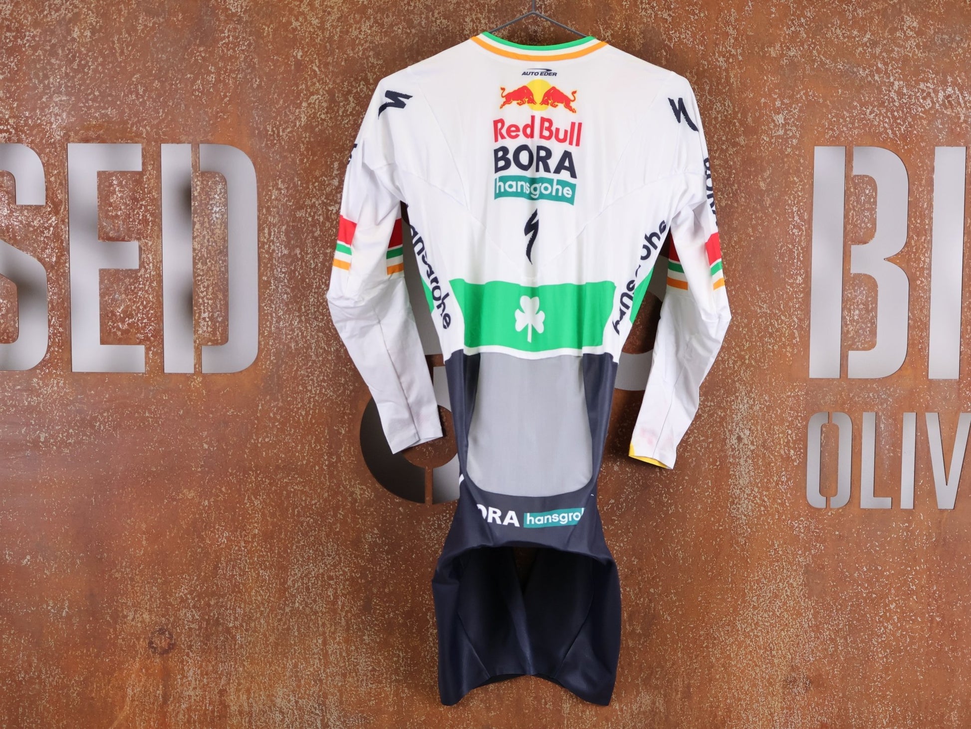 Anzug - BOH von Specialized, SPECIALIZED RED BULL - BORA HANSGROHE AERO SKIN SUIT LS / IRISH CHAMPION vor USEDBIKES - OB.DE Hintergrund