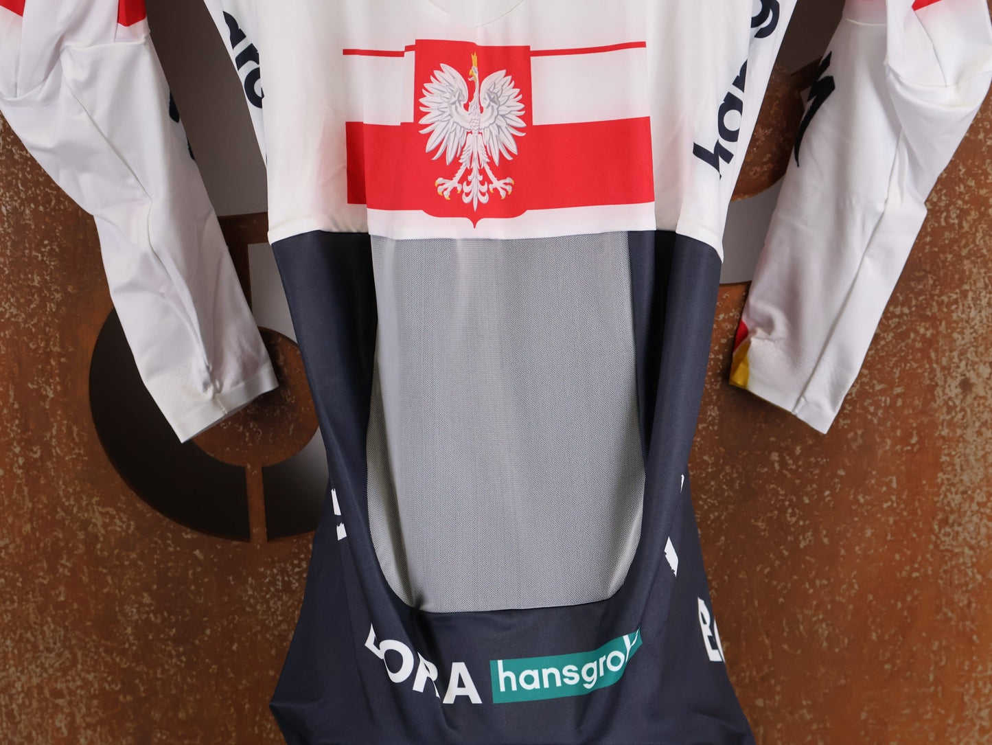 Anzug - BOH von Specialized, SPECIALIZED RED BULL - BORA HANSGROHE AERO SKIN SUIT LS / POLAND CHAMPION vor USEDBIKES - OB.DE Hintergrund