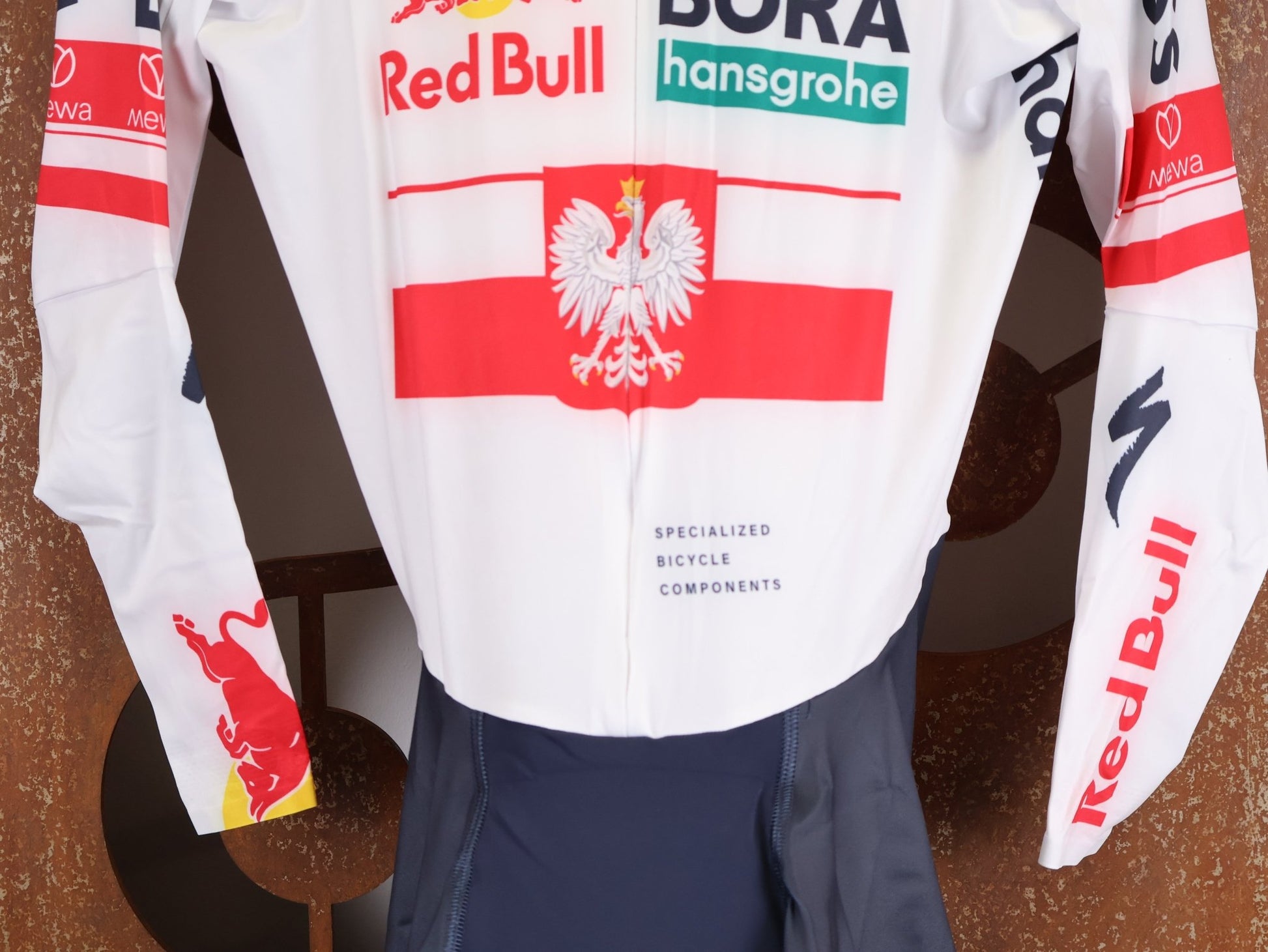 Anzug - BOH von Specialized, SPECIALIZED RED BULL - BORA HANSGROHE AERO SKIN SUIT LS / POLAND CHAMPION vor USEDBIKES - OB.DE Hintergrund