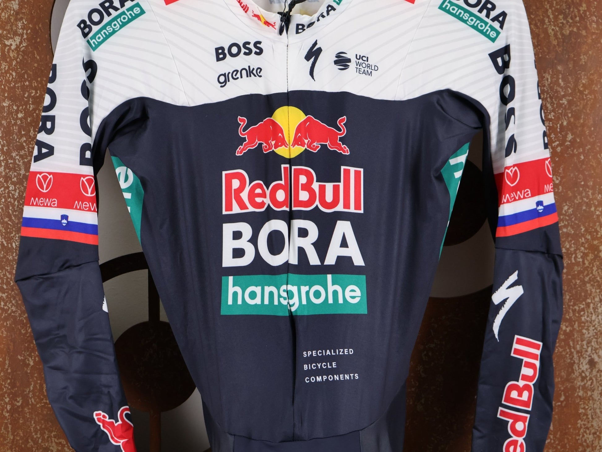 Anzug - BOH von Specialized, SPECIALIZED RED BULL - BORA HANSGROHE AERO SKIN SUIT LS ROGLIČ / LANGARM EINTEILER vor USEDBIKES - OB.DE Hintergrund