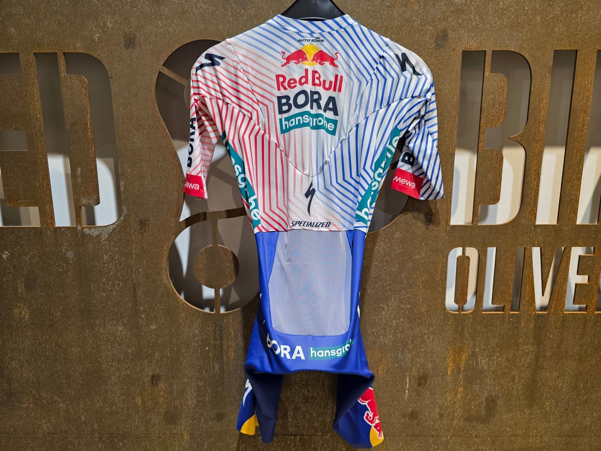 Anzug - BOH von Specialized, SPECIALIZED RED BULL - BORA HANSGROHE AERO SKIN SUIT SS / EINTEILER vor USEDBIKES - OB.DE Hintergrund