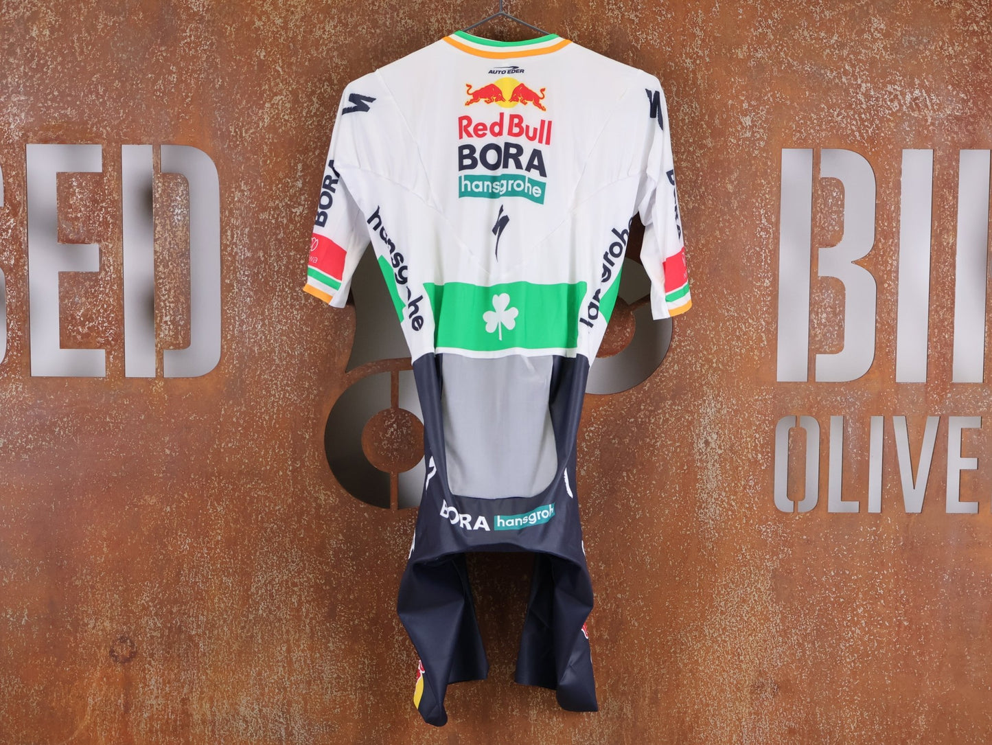 Anzug - BOH von Specialized, SPECIALIZED RED BULL - BORA HANSGROHE AERO SKIN SUIT SS / IRISH CHAMPION vor USEDBIKES - OB.DE Hintergrund