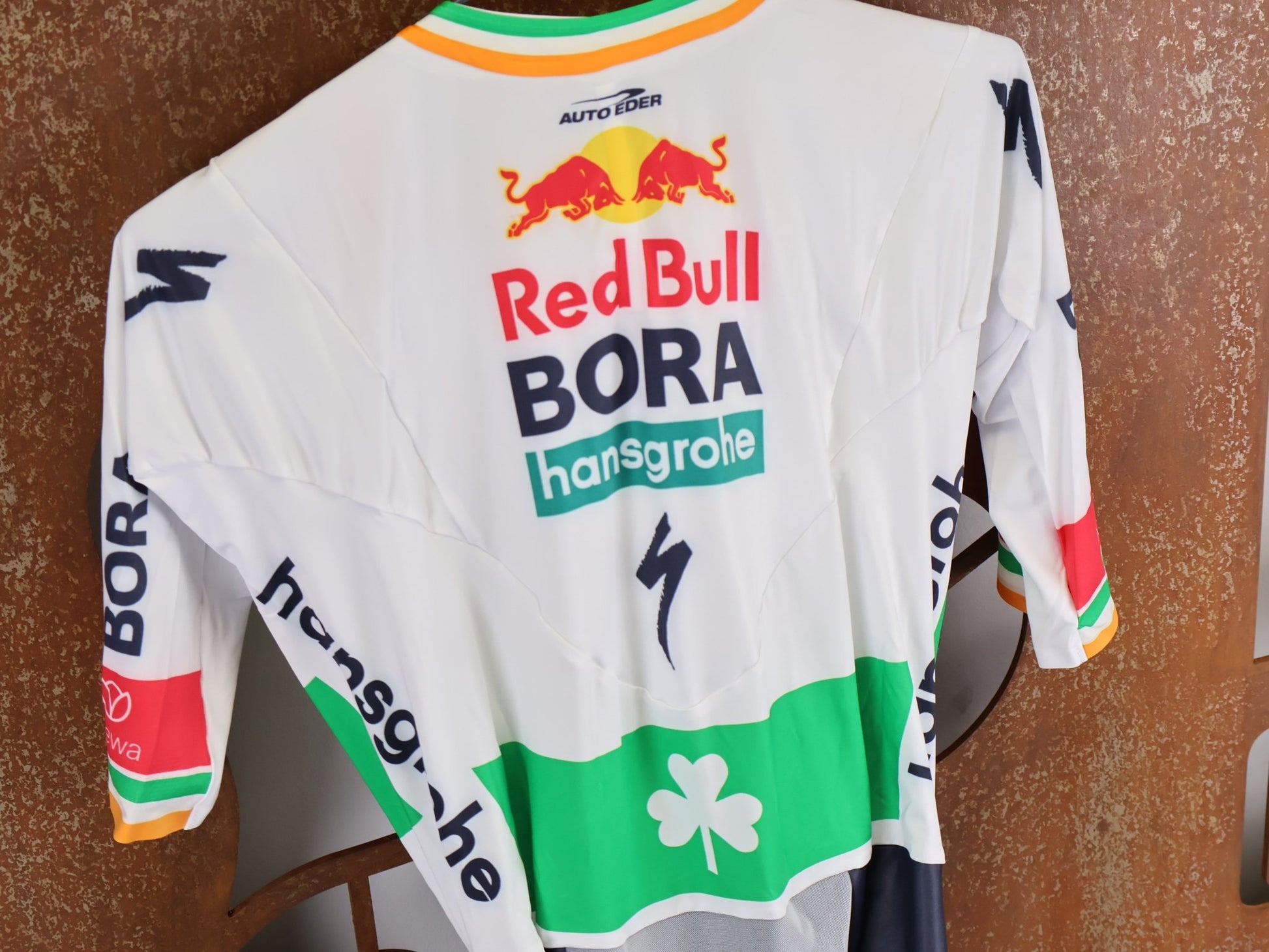 Anzug - BOH von Specialized, SPECIALIZED RED BULL - BORA HANSGROHE AERO SKIN SUIT SS / IRISH CHAMPION vor USEDBIKES - OB.DE Hintergrund