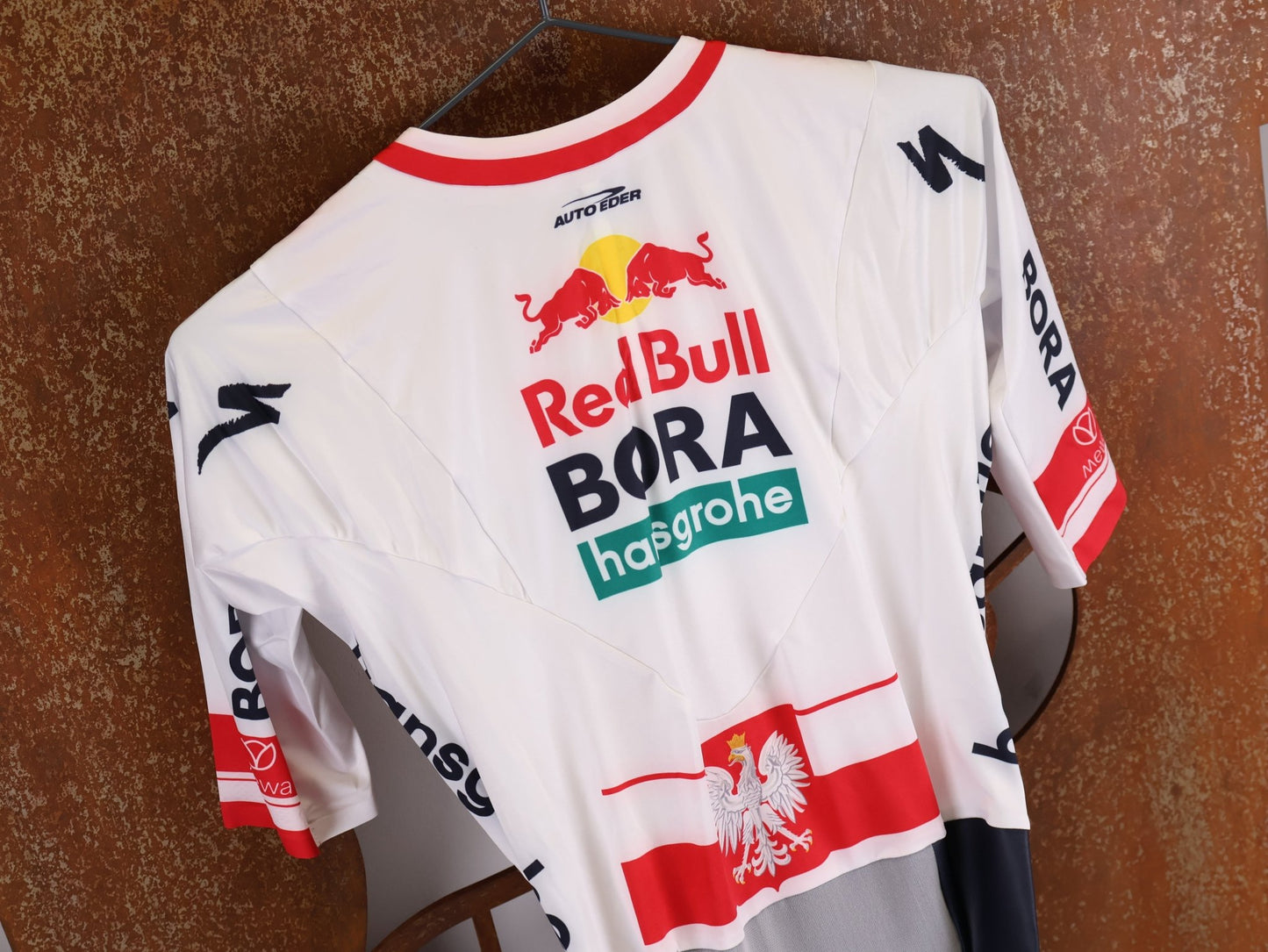 Anzug - BOH von Specialized, SPECIALIZED RED BULL - BORA HANSGROHE AERO SKIN SUIT SS / POLAND CHAMPION vor USEDBIKES - OB.DE Hintergrund
