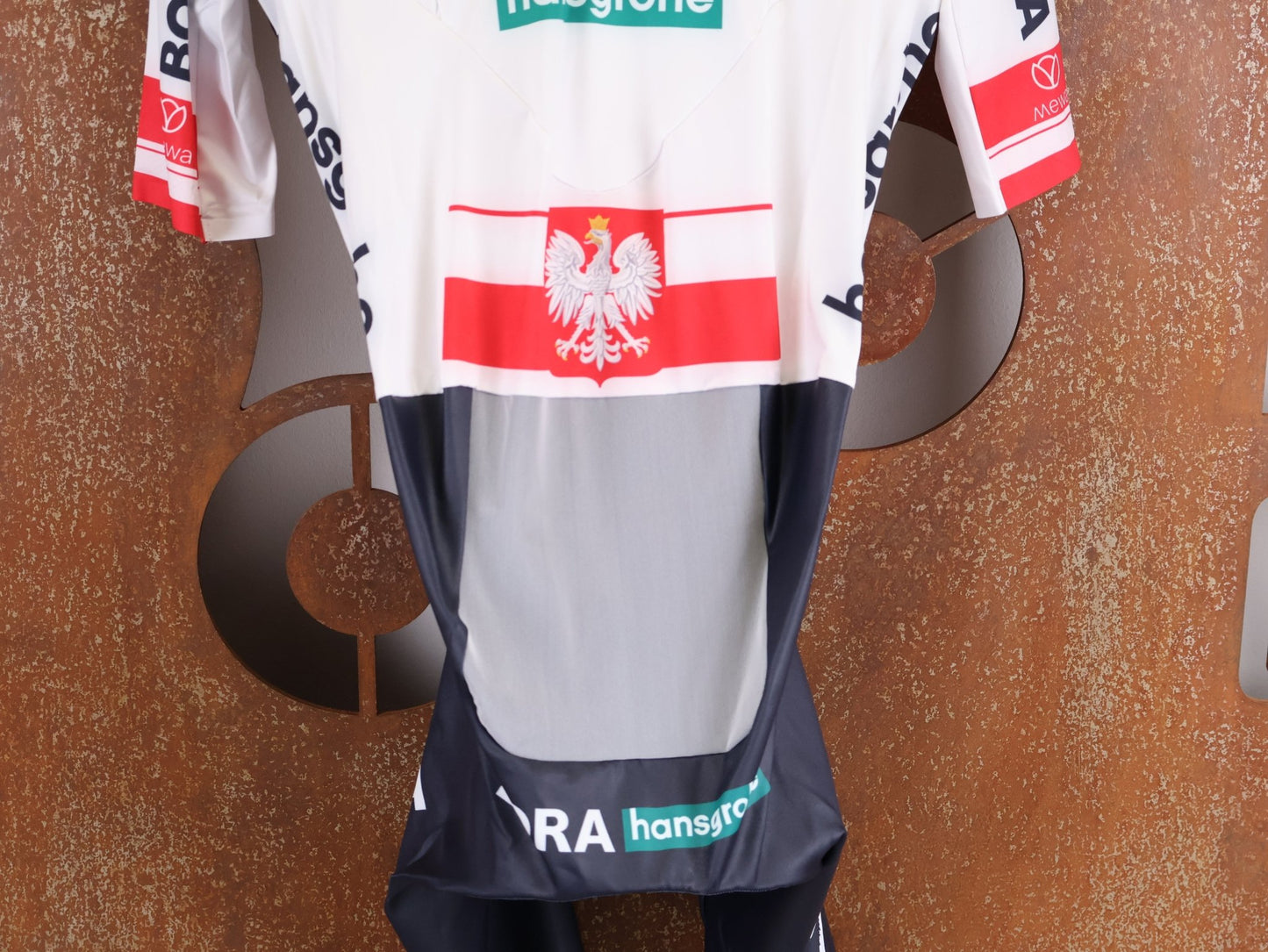 Anzug - BOH von Specialized, SPECIALIZED RED BULL - BORA HANSGROHE AERO SKIN SUIT SS / POLAND CHAMPION vor USEDBIKES - OB.DE Hintergrund