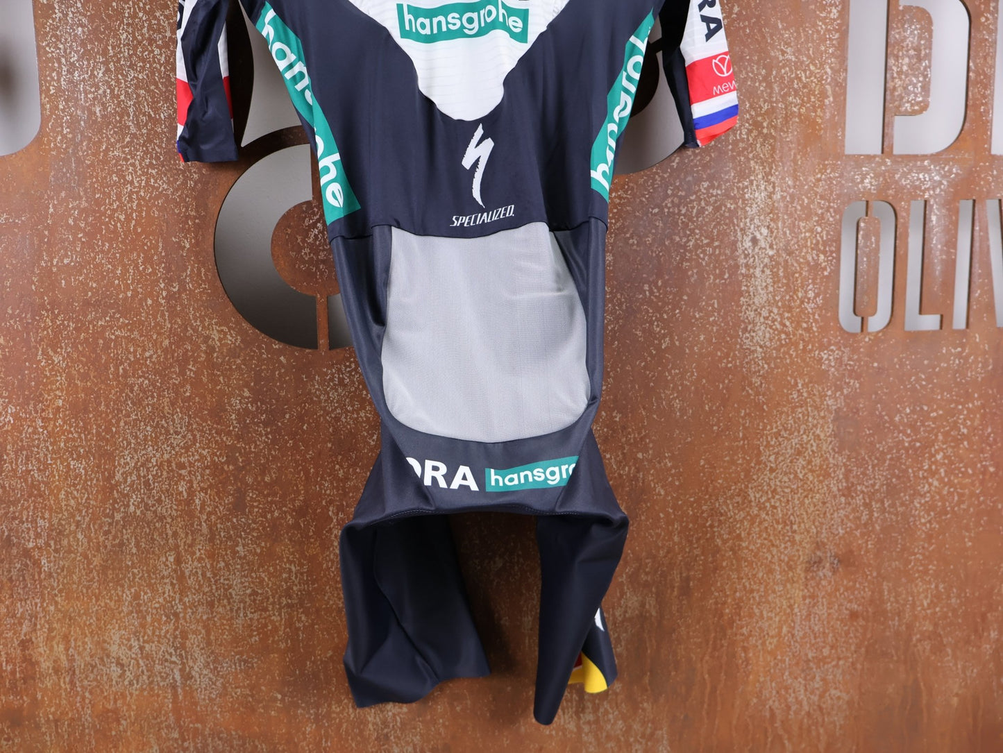 Anzug - BOH von Specialized, SPECIALIZED RED BULL - BORA HANSGROHE AERO SKIN SUIT SS ROGLIČ / KURZARM EINTEILER vor USEDBIKES - OB.DE Hintergrund