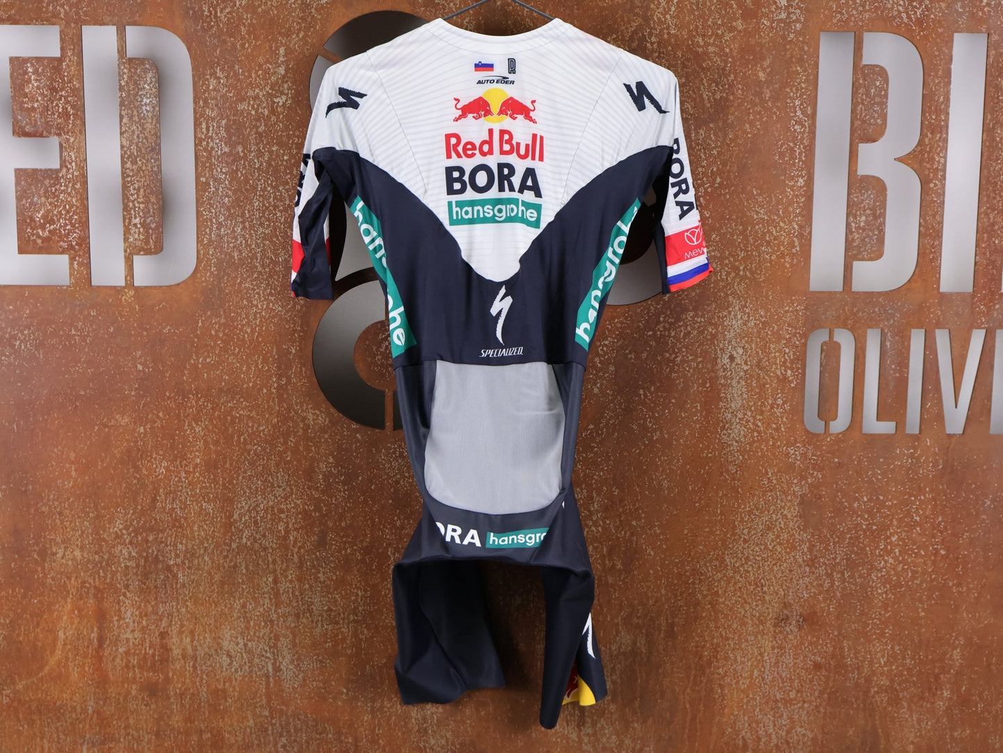 Anzug - BOH von Specialized, SPECIALIZED RED BULL - BORA HANSGROHE AERO SKIN SUIT SS ROGLIČ / KURZARM EINTEILER vor USEDBIKES - OB.DE Hintergrund