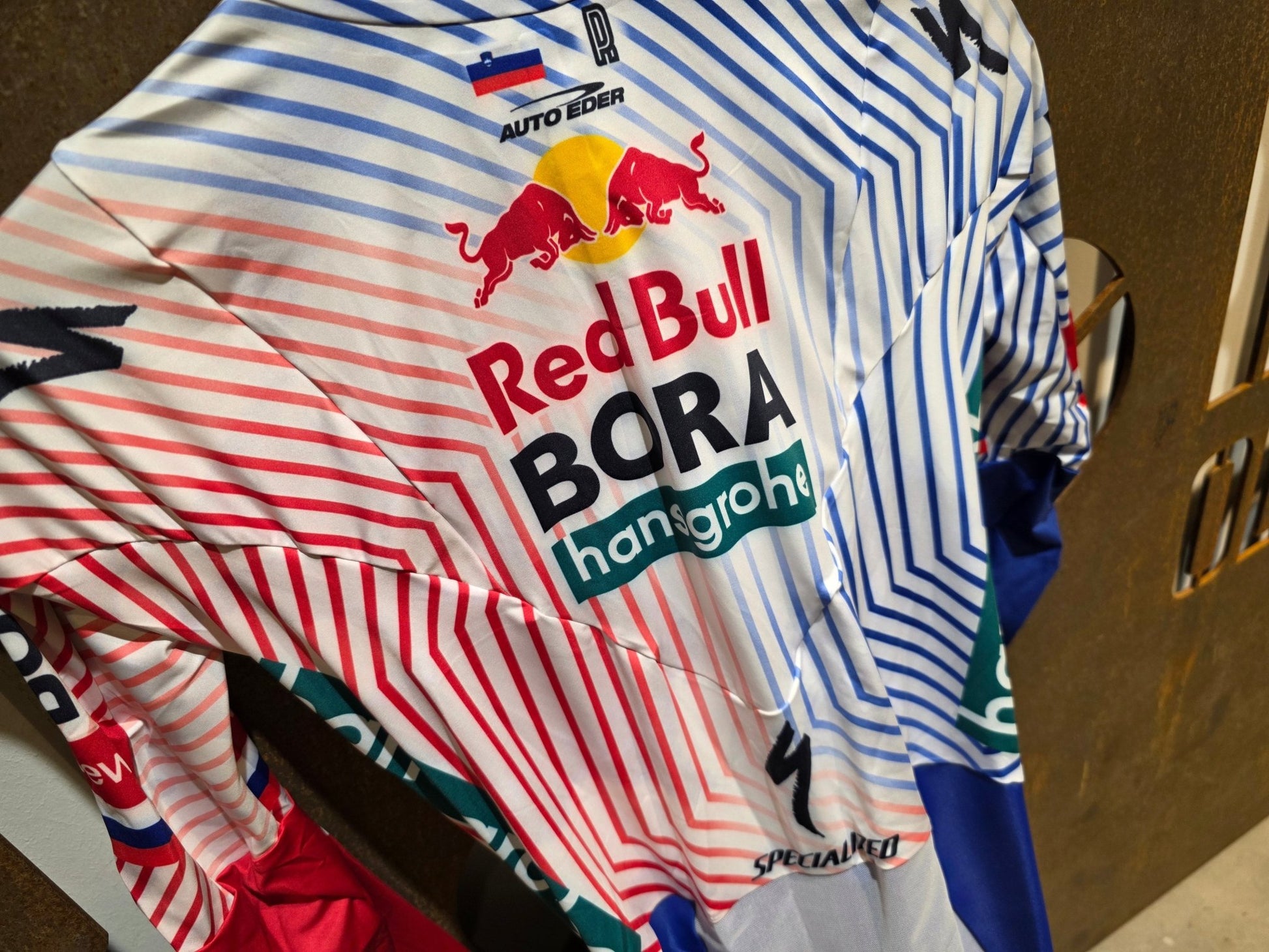 Anzug - BOH von Specialized, SPECIALIZED RED BULL - BORA HANSGROHE AERO SKIN SUIT TDF / ROGLIC vor USEDBIKES - OB.DE Hintergrund