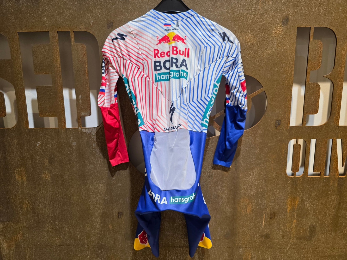 Anzug - BOH von Specialized, SPECIALIZED RED BULL - BORA HANSGROHE AERO SKIN SUIT TDF / ROGLIC vor USEDBIKES - OB.DE Hintergrund