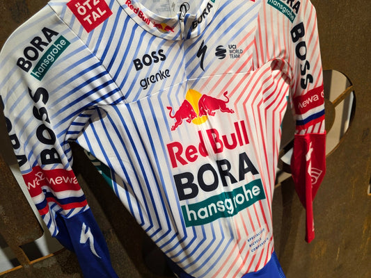 Anzug - BOH von Specialized, SPECIALIZED RED BULL - BORA HANSGROHE AERO SKIN SUIT TDF / ROGLIC vor USEDBIKES - OB.DE Hintergrund