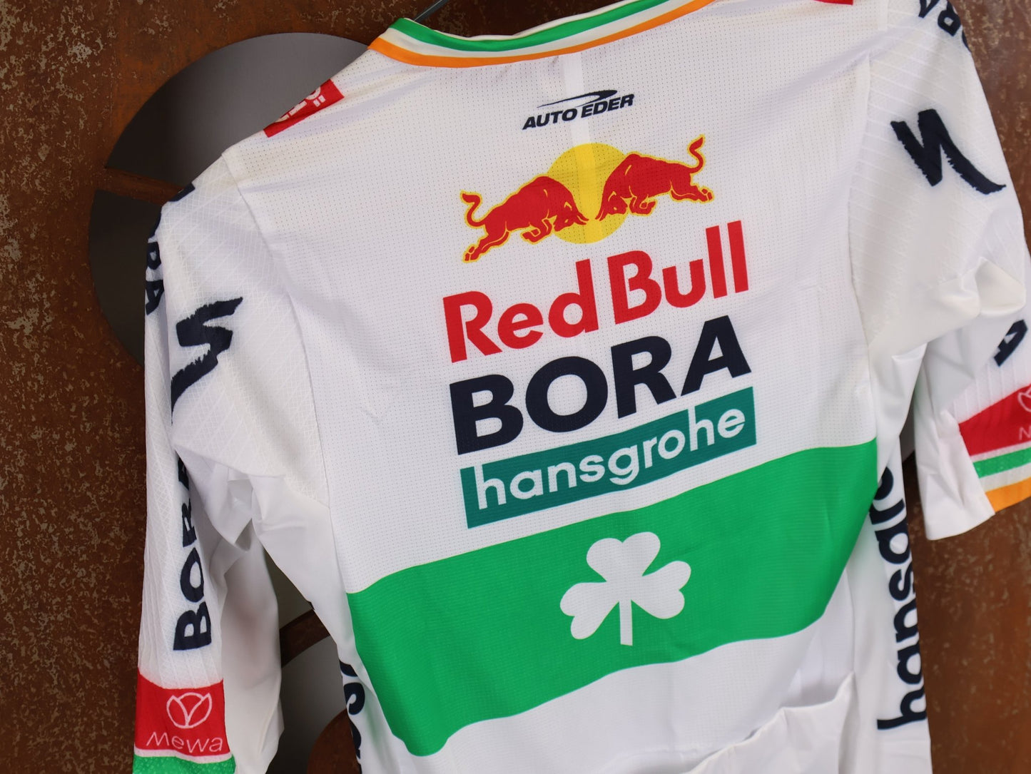 Kurzarm Trikot - BOH von Specialized, SPECIALIZED RED BULL - BORA HANSGROHE RACE JERSEY SS / IRISH CHAMPION vor USEDBIKES - OB.DE Hintergrund