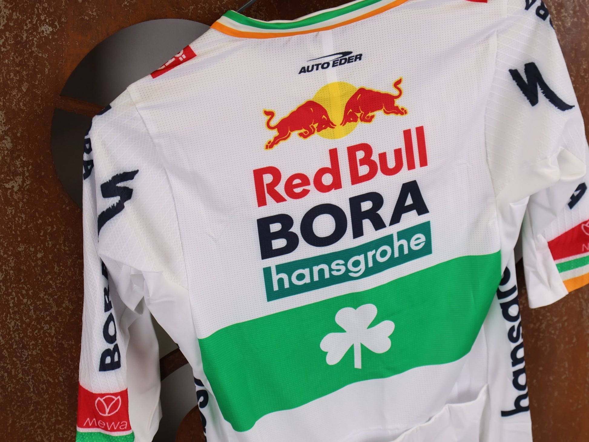 Kurzarm Trikot - BOH von Specialized, SPECIALIZED RED BULL - BORA HANSGROHE RACE JERSEY SS / IRISH CHAMPION vor USEDBIKES - OB.DE Hintergrund