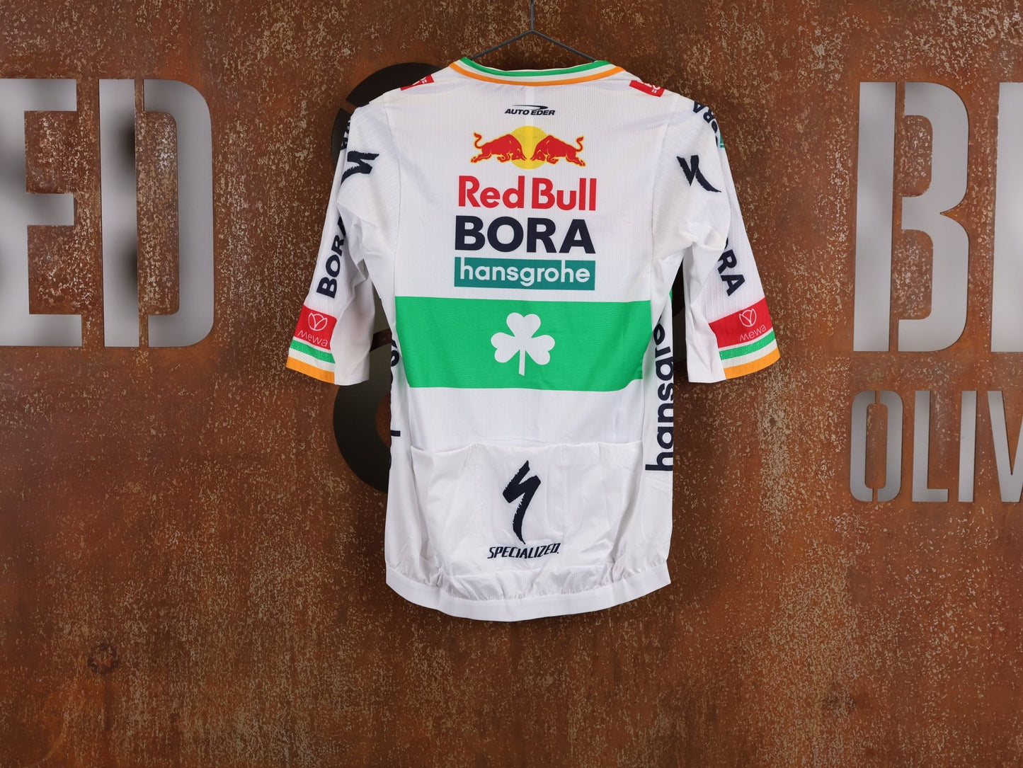 Kurzarm Trikot - BOH von Specialized, SPECIALIZED RED BULL - BORA HANSGROHE RACE JERSEY SS / IRISH CHAMPION vor USEDBIKES - OB.DE Hintergrund