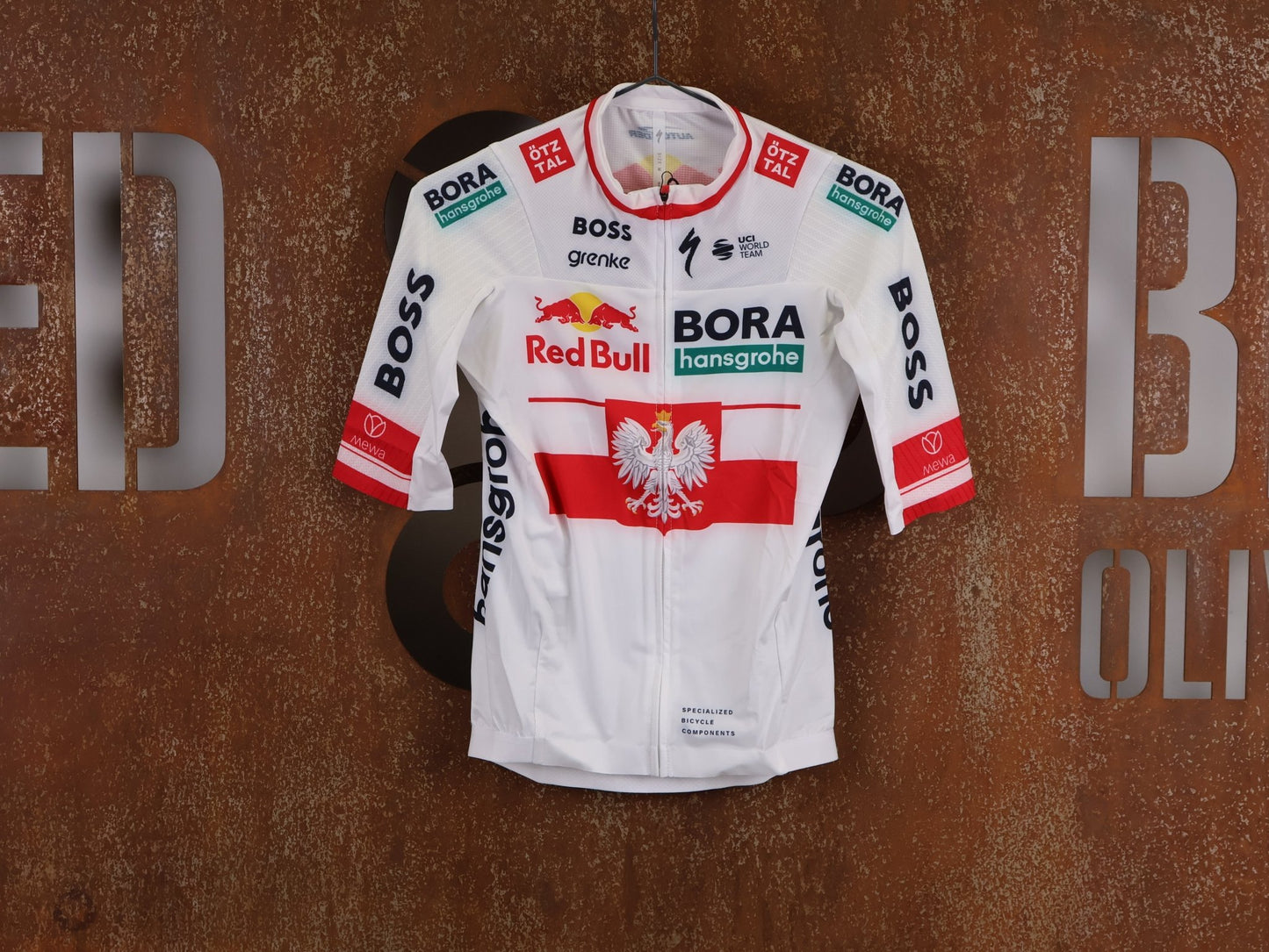 Kurzarm Trikot - BOH von Specialized, SPECIALIZED RED BULL - BORA HANSGROHE RACE JERSEY SS / POLAND CHAMPION vor USEDBIKES - OB.DE Hintergrund