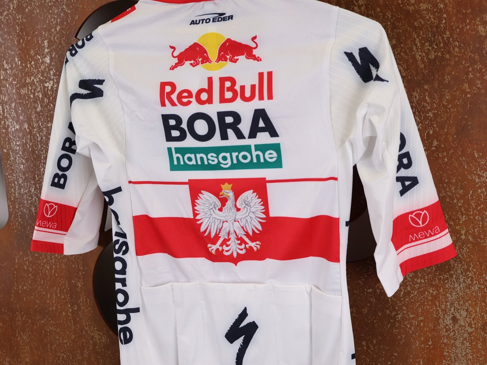 Kurzarm Trikot - BOH von Specialized, SPECIALIZED RED BULL - BORA HANSGROHE RACE JERSEY SS / POLAND CHAMPION vor USEDBIKES - OB.DE Hintergrund