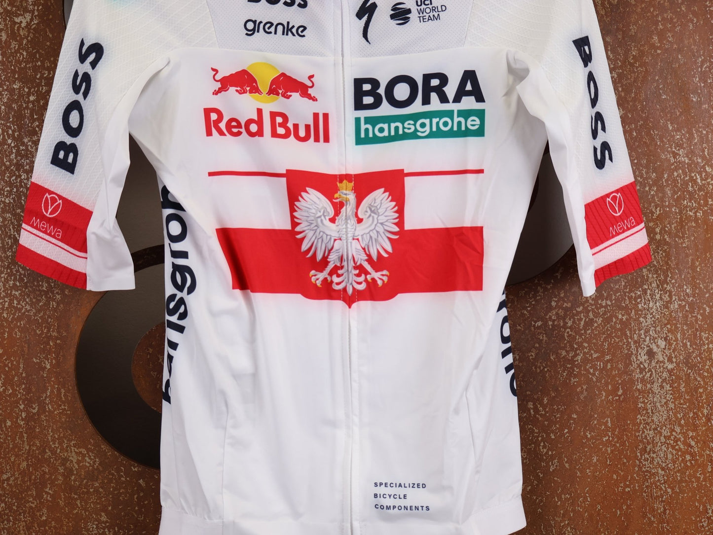 Kurzarm Trikot - BOH von Specialized, SPECIALIZED RED BULL - BORA HANSGROHE RACE JERSEY SS / POLAND CHAMPION vor USEDBIKES - OB.DE Hintergrund