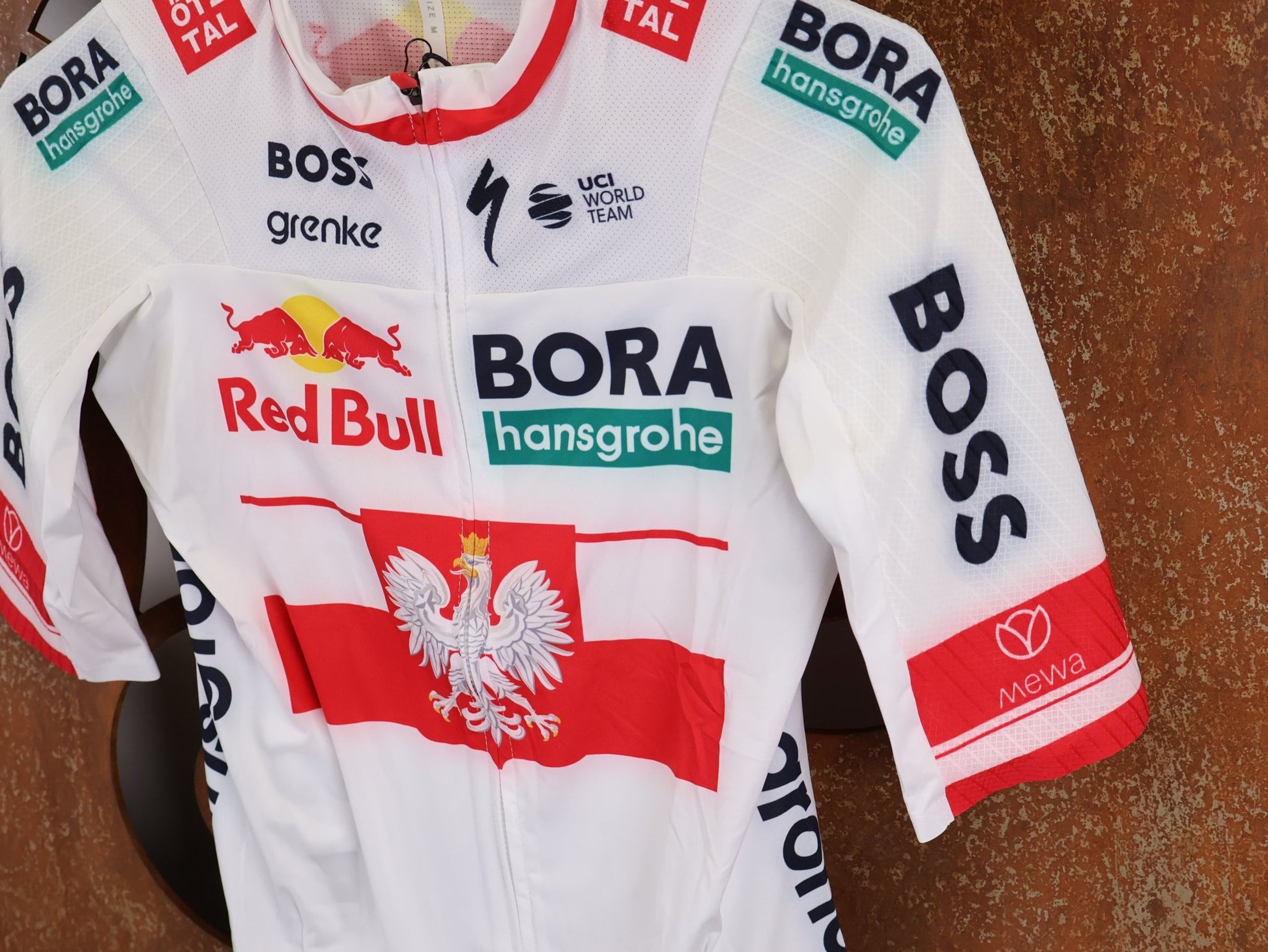 Kurzarm Trikot - BOH von Specialized, SPECIALIZED RED BULL - BORA HANSGROHE RACE JERSEY SS / POLAND CHAMPION vor USEDBIKES - OB.DE Hintergrund