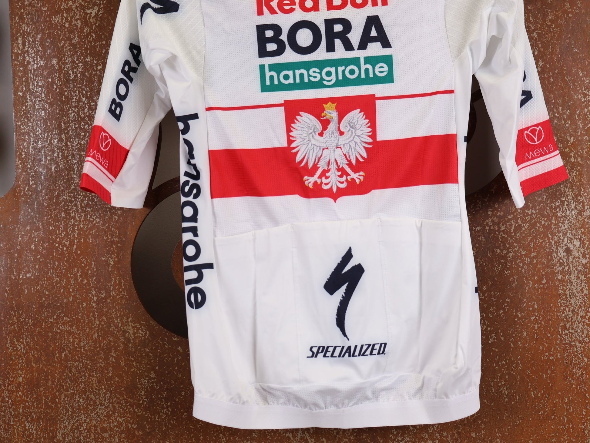 Kurzarm Trikot - BOH von Specialized, SPECIALIZED RED BULL - BORA HANSGROHE RACE JERSEY SS / POLAND CHAMPION vor USEDBIKES - OB.DE Hintergrund
