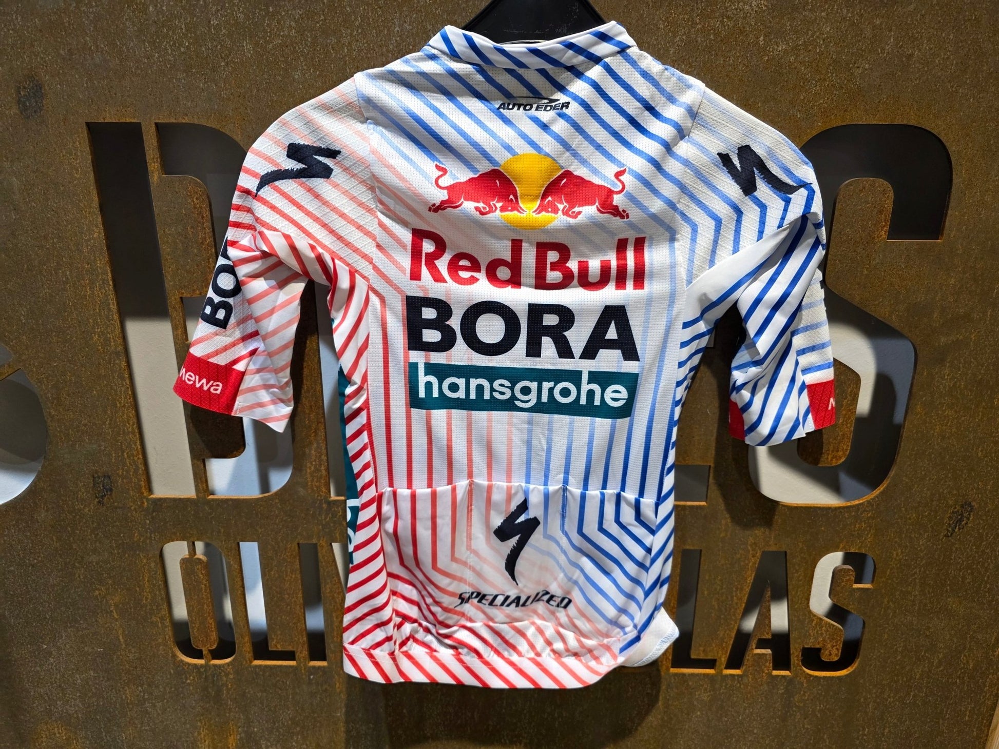 Kurzarm Trikot - BOH von Specialized, SPECIALIZED RED BULL - BORA HANSGROHE RACE JERSEY SS TDF / KURZARM TRIKOT vor USEDBIKES - OB.DE Hintergrund
