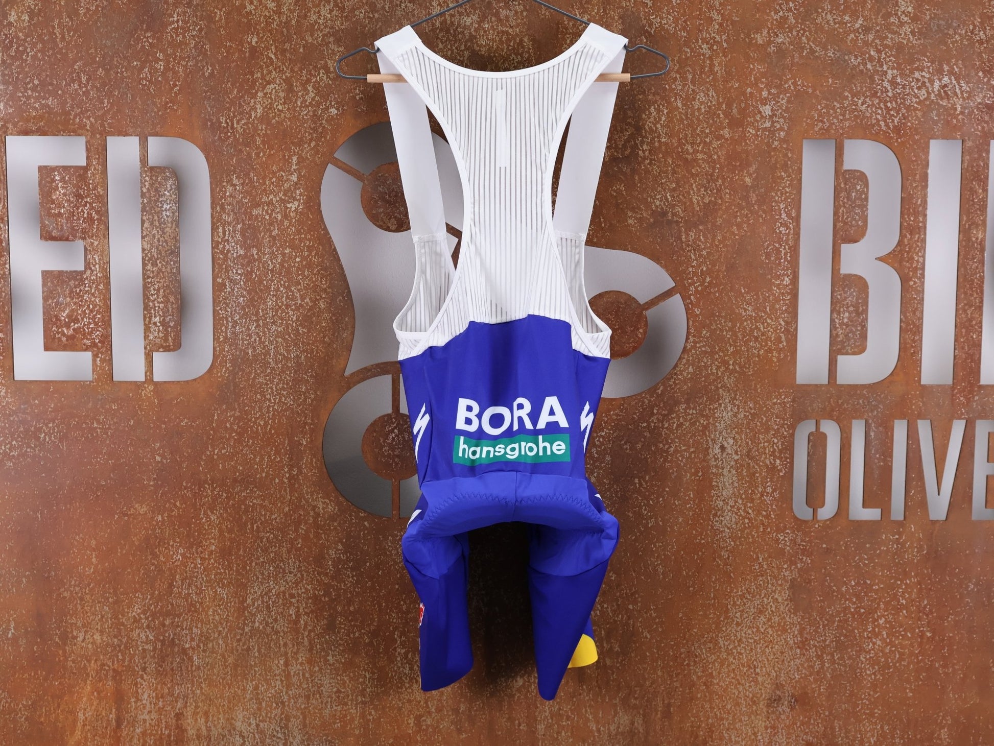 Hosen - BOH von Specialized, SPECIALIZED RED BULL - BORA HANSGROHE REPLICA BIB SHORT TDF / KURZE TRÄGERHOSE vor USEDBIKES - OB.DE Hintergrund