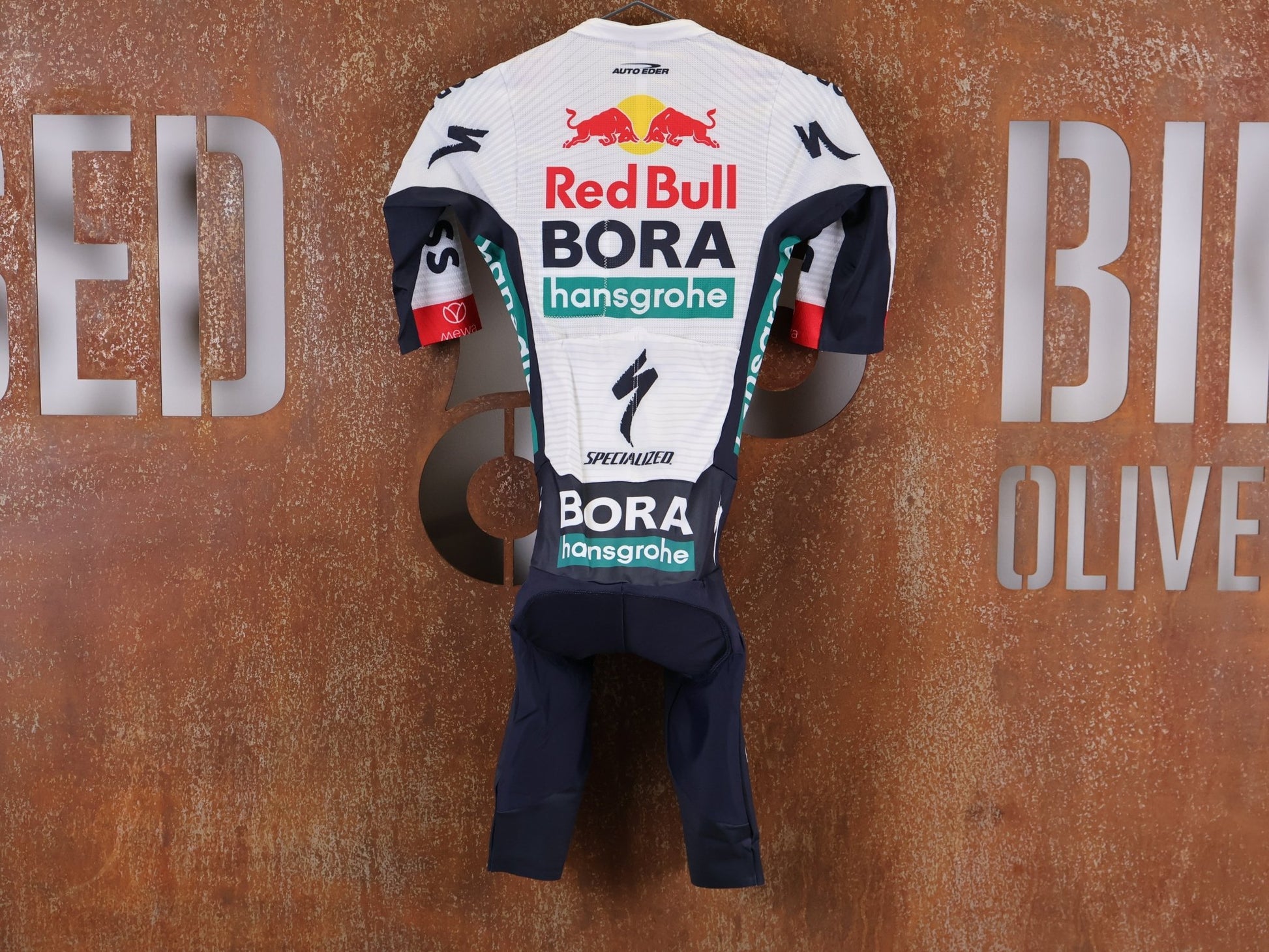 Anzug - BOH von Specialized, SPECIALIZED RED BULL - BORA HANSGROHE ROAD SKIN SUIT SS / EINTEILER KURZ U23 vor USEDBIKES - OB.DE Hintergrund