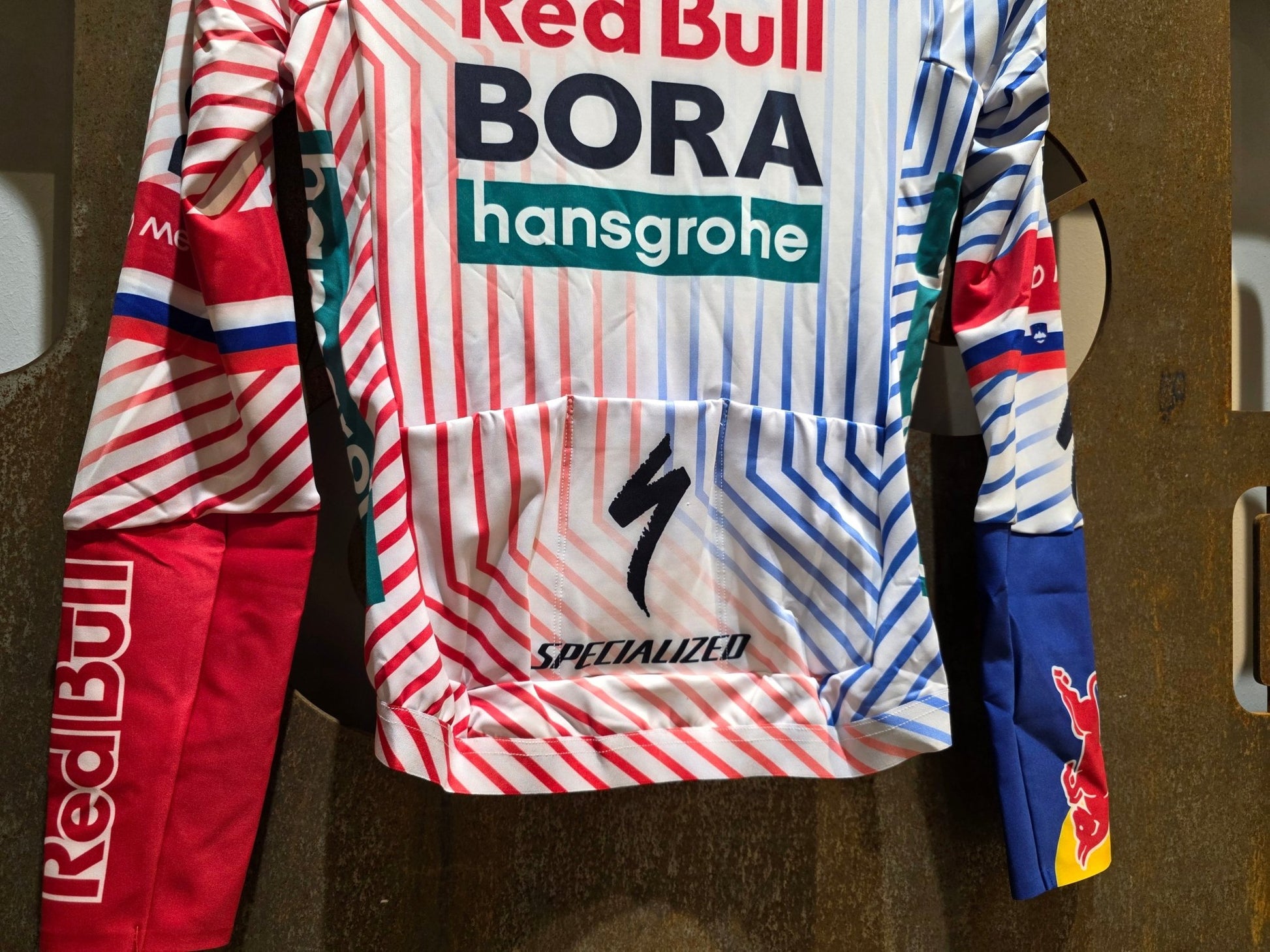 Langarm Trikot - BOH von Specialized, SPECIALIZED RED BULL - BORA HANSGROHE THERMAL JERSEY LS TDF / ROGLIC vor USEDBIKES - OB.DE Hintergrund