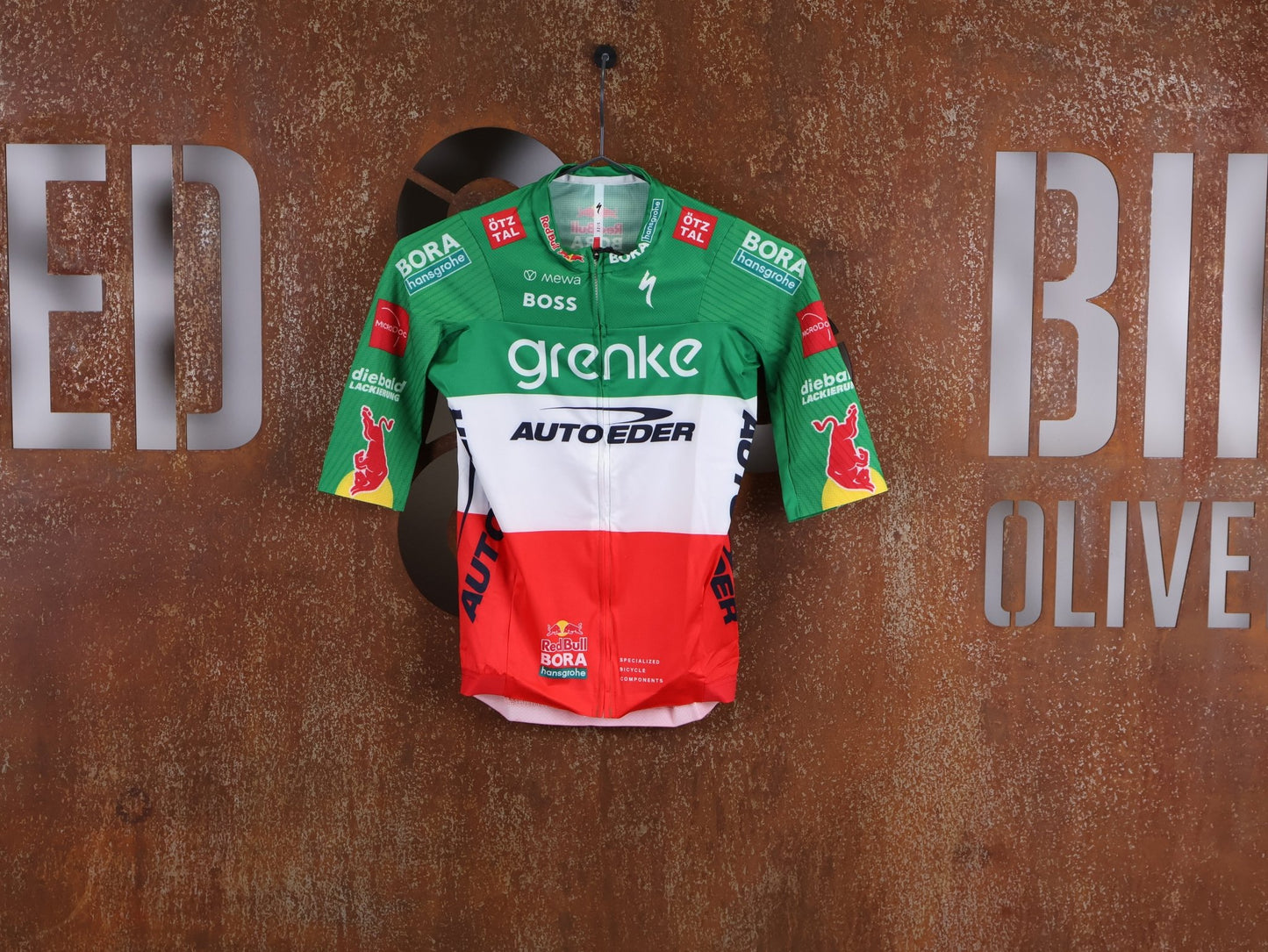 Kurzarm Trikot - BOH von Specialized, SPECIALIZED TGA ROOKIES OF RED BULL - BORA HANSGROHE RACE JERSEY SS / ITALIAN CHAMPION vor USEDBIKES - OB.DE Hintergrund