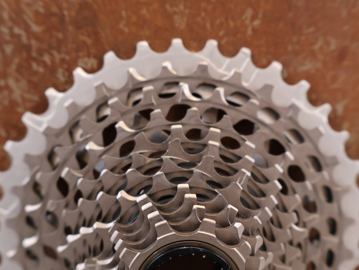 Kurbel von Sram, SRAM RED XG-1290 E1 12-fach Kassette 10-36T X-Dome Silver vor USEDBIKES-OB.DE Hintergrund