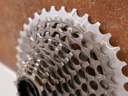 Kurbel von Sram, SRAM RED XG-1290 E1 12-fach Kassette 10-36T X-Dome Silver vor USEDBIKES-OB.DE Hintergrund